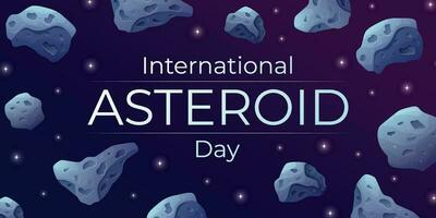 International world holiday Asteroid Day. Space background banner of the night starry sky with flying stone meteorites. vector