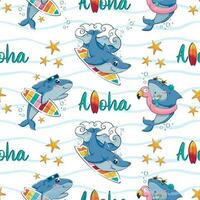 Seamless pattern with cartoon sharks with a cocktail, an inflatable ring and a surf floating among the sea waves with the inscription aloha in a flat style. vector