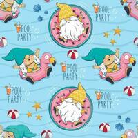 Seamless pattern with a cartoon gnome on a watermelon mattress and in an inflatable flamingo circle in the pool. vector