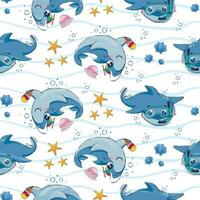 Seamless pattern with cartoon sharks with ice cream swimming among the sea waves, jellyfish and starfish in an underwater mask in a flat style. vector