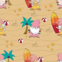 Seamless pattern with cartoon gnome playing ball, drinking cocktail and eating ice cream on the beach among palm trees and surfboard. vector