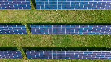 vlucht over- een veld- van zonne- panelen in zonnig zomer dag. ecologisch innovatie video