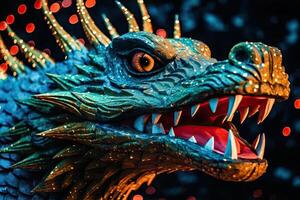 Chinese New Year dragon statue head on a blurred background with lights - photo