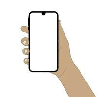 Vector graphic illustration of hand with a smartphone on a white background.