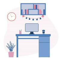 Vector graphic illustration of a room on a white background. A desktop with a computer and a cup of coffee, a shelf with books, a wall clock and a houseplant.