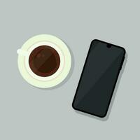 Vector illustration of a cup of coffee with a phone on the table.