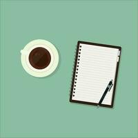 Vector illustration of coffee cup with notepad and pen.