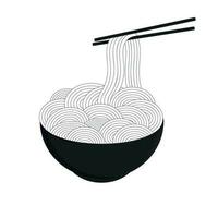 Noodles in a purple plate with chopsticks. Vector Illustration. Asian traditional food.