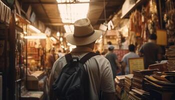 uno hombre elegir un libro en Tienda generado por ai foto