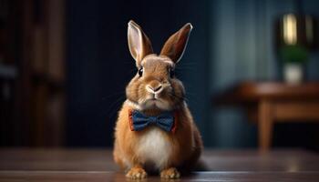 Fluffy rabbit sitting, looking at camera indoors generated by AI photo