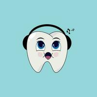 Cute tooth in headphones listening to music.  Vector illustration. Cartoon.