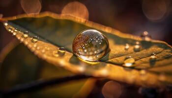 Fresh plant leaf shines with morning dew generated by AI photo