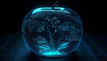 Glowing blue sphere illuminates futuristic global business generated by AI photo