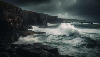 Majestic cliffs, crashing waves, dramatic skies awe generated by AI photo