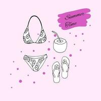 Set of summer objects. Hand-drawn summertime vacation attributes swimwear, slippers, sunglasses, and coconut drink. Hand-drawn sketch-style vector illustration isolated on white background.