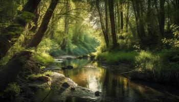 Tranquil scene of autumn forest reflected in pond generated by AI photo