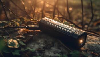 Old fashioned lantern illuminates camping table in forest generated by AI photo