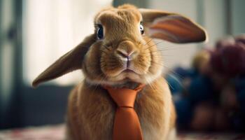 Charming baby rabbit sitting, looking at camera generated by AI photo