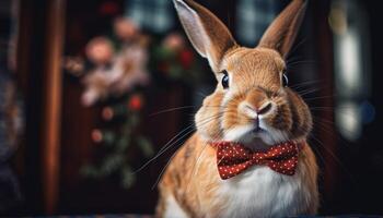 Fluffy bow tie charm on elegant hare generated by AI photo