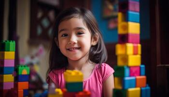 caucásico preescolar niña sonriente, apilado multi de colores bloques generado por ai foto