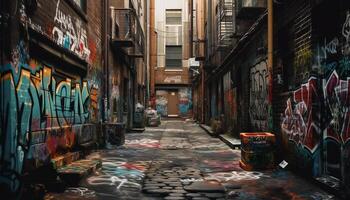 Dirty streets, graffiti walls, chaotic city life generated by AI photo