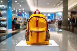 Stylish school backpack on the background of the supermarket interior - photo