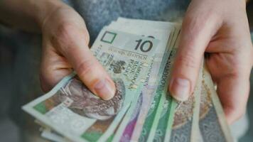 femme prend en dehors de sa portefeuille et compte polonais zloty factures video