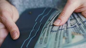 Woman takes out of her wallet and counts US dollar bills video