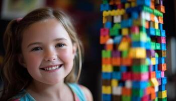 Smiling preschool girl holds colorful art project proudly generated by AI photo