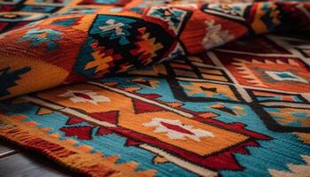 Vibrant homemade kilim, woven with wool patterns generated by AI photo