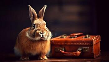 Fluffy baby rabbit sitting in small suitcase generated by AI photo