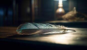 Feather quill on old table rustic elegance generated by AI photo