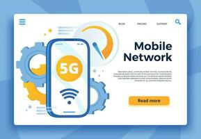 móvil 5g red aterrizaje página. comunicación sistema, celular conexión y rápido Internet para teléfono inteligente vector ilustración