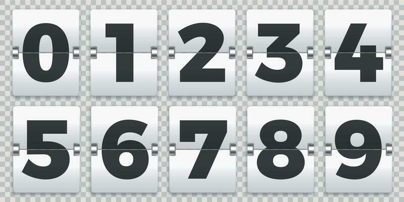 Flip numbers counter. Old mechanical countdown flips, retro scoreboard number sign and numeric counters vector set