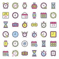 Time icons. Alarm clock, hourglass timer and deadline watch. Colorful 24 hours clocks flat icon isolated vector set