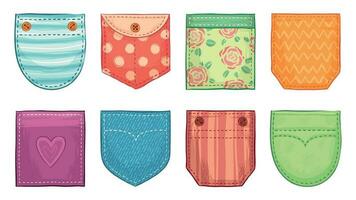 Color patch pockets. Comfort pocket patches with seam, denim patched pockets buttons and comfortable clothes accessories vector set