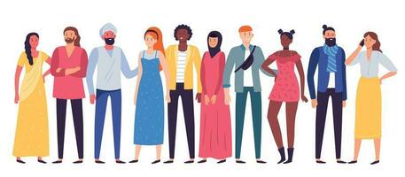 multiétnico personas grupo. trabajadores equipo, diverso personas en pie juntos y compañeros de trabajo en casual atuendo plano vector ilustración
