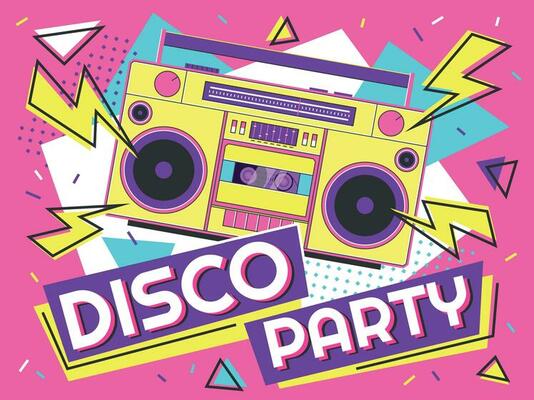 Disco party banner. Retro music poster, 90s radio and tape cassette player funky colorful design vector background illustration