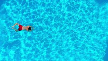 Aerial view of a man in red shorts swimming in the pool video