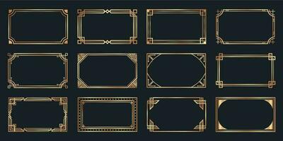 Golden ard deco frames. Vintage decorative frame, gold ornaments borders and geometric lines ornament vector set. Elegant decorations with copyspace. Classic decorative design elements