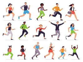 People run. Running person, fast girl and sprinting boy. Jogging kids, man and woman. Runners characters vector illustration set. Athletes training, students late for school. Healthy lifestyle, haste