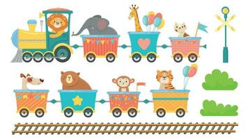 linda animales en tren. contento animal en ferrocarril auto, pequeño mascotas paseo en juguete locomotora dibujos animados vector ilustración conjunto