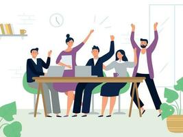 Excited office workers team. Successful managers, happy professional work group and colleagues rejoicing together. Teamwork flat vector illustration