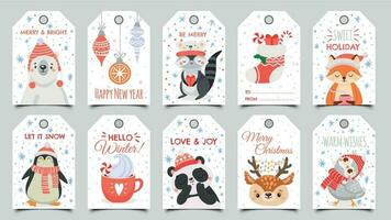 Cute animals christmas tags. Holiday gift tag with winter owl, deer and bears. Happy animal celebrate xmas label cartoon vector set