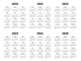 Calendar grid. 2020 2021 and 2022 yearly calendars. 2023, 2024 years organizer and 2025 year weekdays vector illustration set