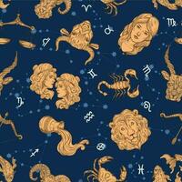 Seamless zodiac pattern. Aries, Leo and Sagittarius constellations. Cancer, Scorpio and Pisces. Taurus, Virgo and Capricorn. Gemini, Libra and Aquarius vector illustration