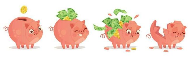 Cartoon piggy bank. Savings, bank deposit and save money investments. Empty and full of cash and golden coins pig bank vector illustration