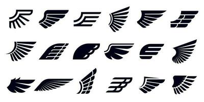 Silhouette wing icons. Bird wings, fast eagle emblem and decorative ornament angel wing stencil symbols vector bundle