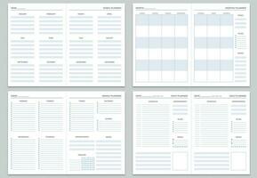 Planner note pages templates. Yearly, monthly and weekly planners. Daily tasks, goals and appointments template vector set