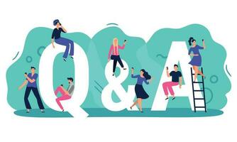 Questions and answers. Q A with people, persons with smartphones ask question and find answer vector illustration. Young men and women searching for problem solution. Mobile q and a service